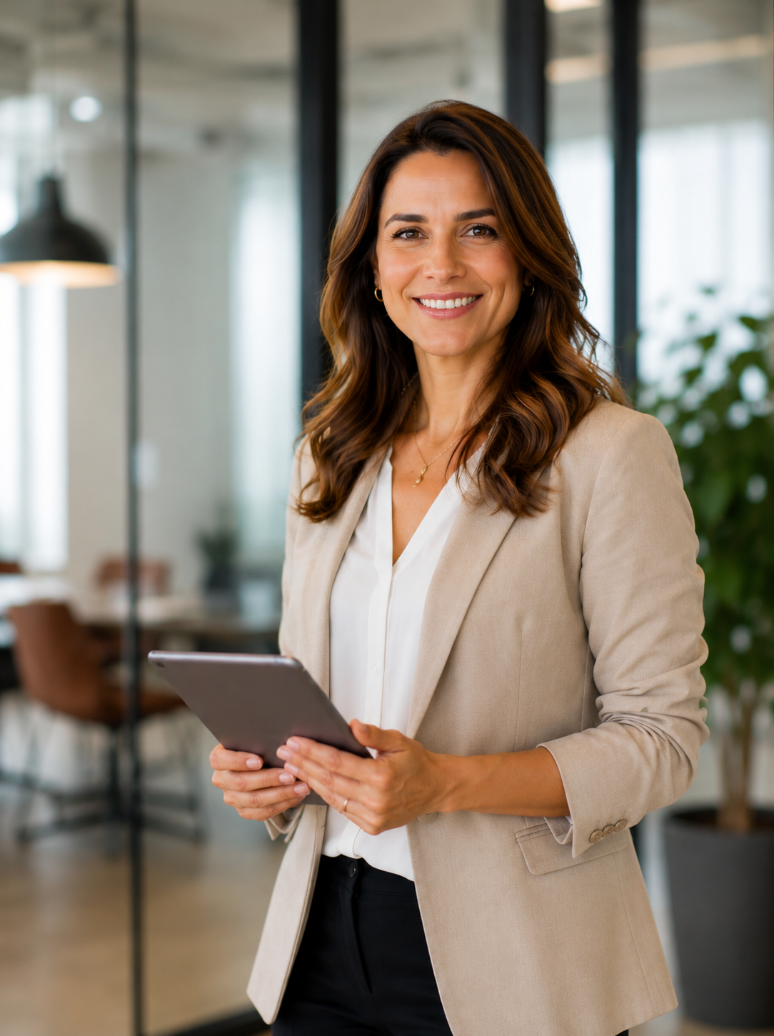 Ejecutiva profesional sonriendo con tablet
